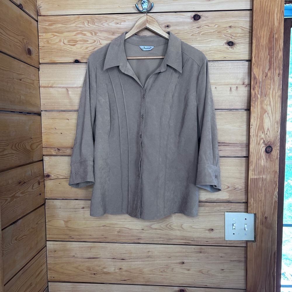 Vintage Faux Suede Blouse Women Extra Large Tan Pintuck Button Up Shirt Jessica